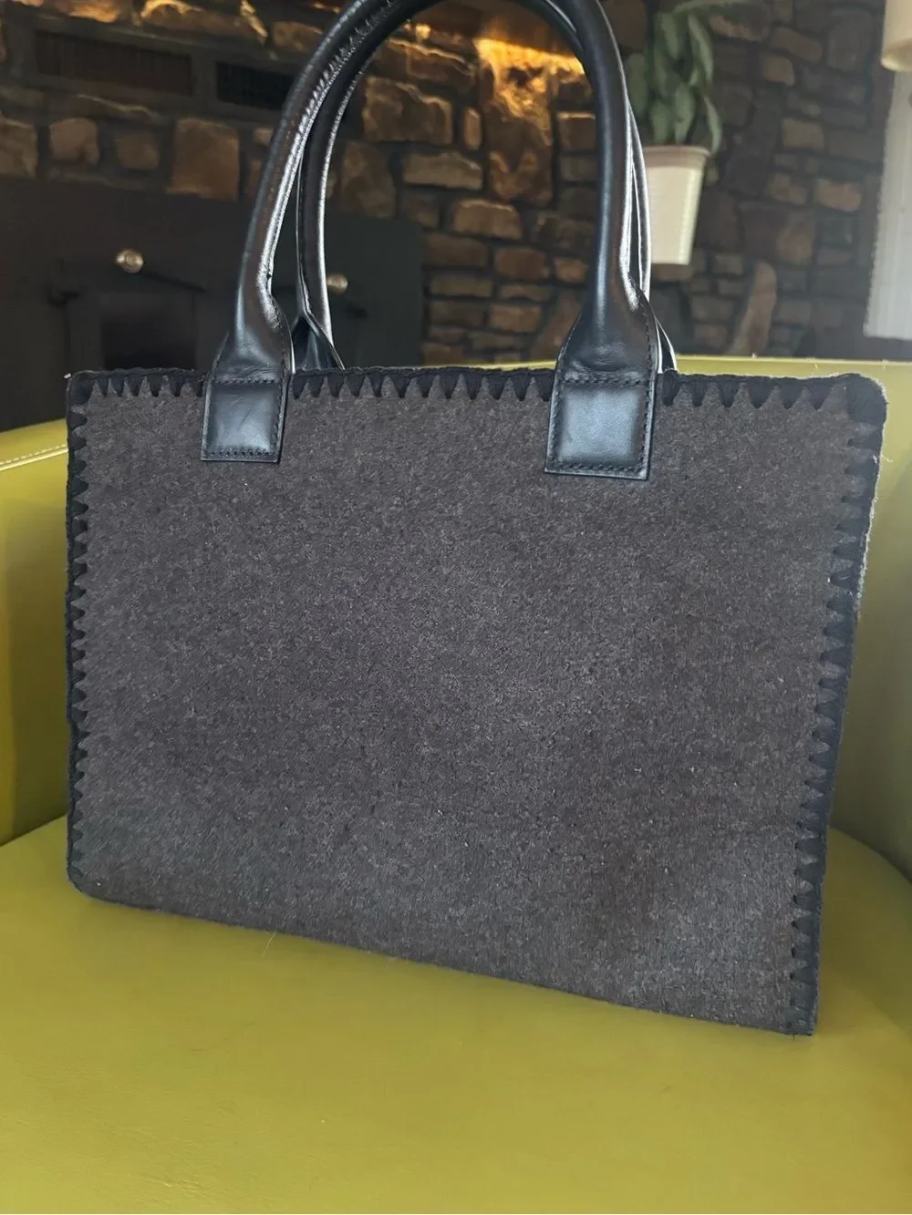 Tory Burch Ella Stitched Mini Tote – Charcoal Wool Felt